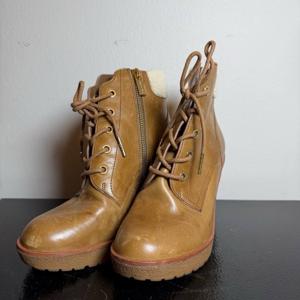 Michael Kors Tan Lace-Up Wedge Ankle Booties with Side Zip